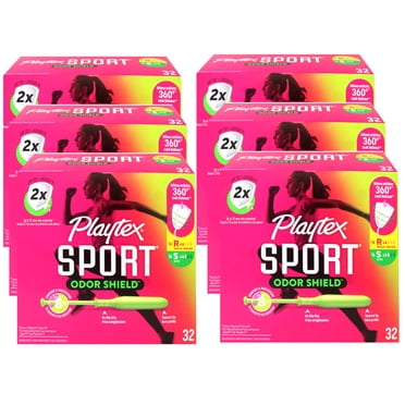 Playtex Sport Odor Shield Tampons (16ct Regular/16ct Super), with 360 Leak Defense, Unscented, 32 Count - 6 Pack