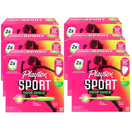 Playtex Sport Odor Shield Tampons (16ct Regular/16ct Super), with 360 Leak Defense, Unscented, 32 Count - 6 Pack