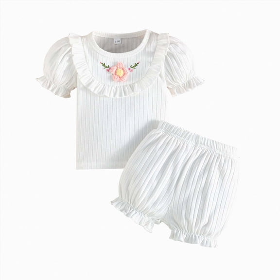Kids Girl Clothes Baby Girl Flower Outfit Puff Sleeve Ruffle Top & Bloomers 2-Piece Clothing Set