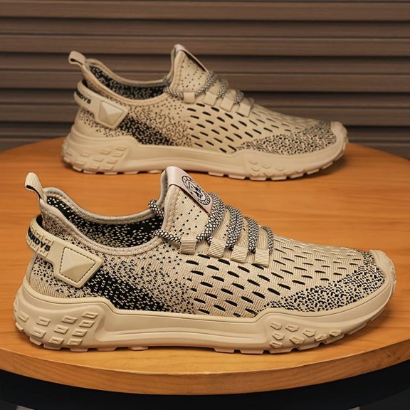 Men'S Breathable Mesh Sneakers - Lightweight Casual Running Shoes with Air Cushion, Beige & Black Design, PVC Sole for Outdoor Sports, Lace-Up Closure, Spring/Summer Collection