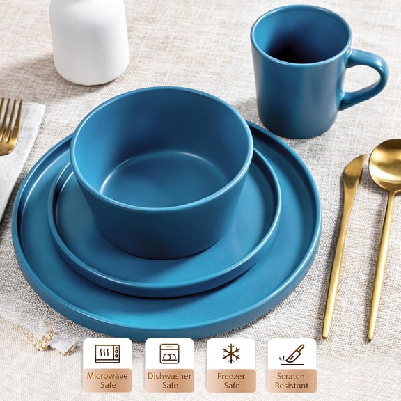 Plates and Bowls Sets for 4 - 16 Piece Stoneware Dinnerware Sets with Mugs, Ceramic Dishware Sets for Kitchen Dining Use, Chip and Scratch Resistant Microwave Dishwasher Safe, Blue