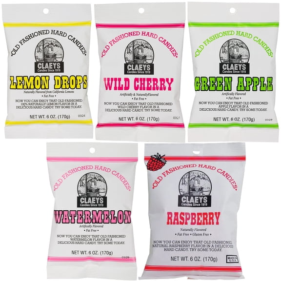 Claeys Old Fashioned Hard Candy Variety Pack – Lemon, Cherry, Apple. Watermelon & Raspberry – Classic Old-Time Candy – 5 Bags, 6 oz Each