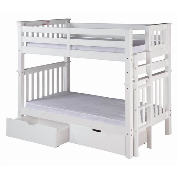 Santa Fe Mission Tall Bunk Bed Twin over Twin - Bed End Ladder - Multiple Finishes - with Under Bed Drawers
