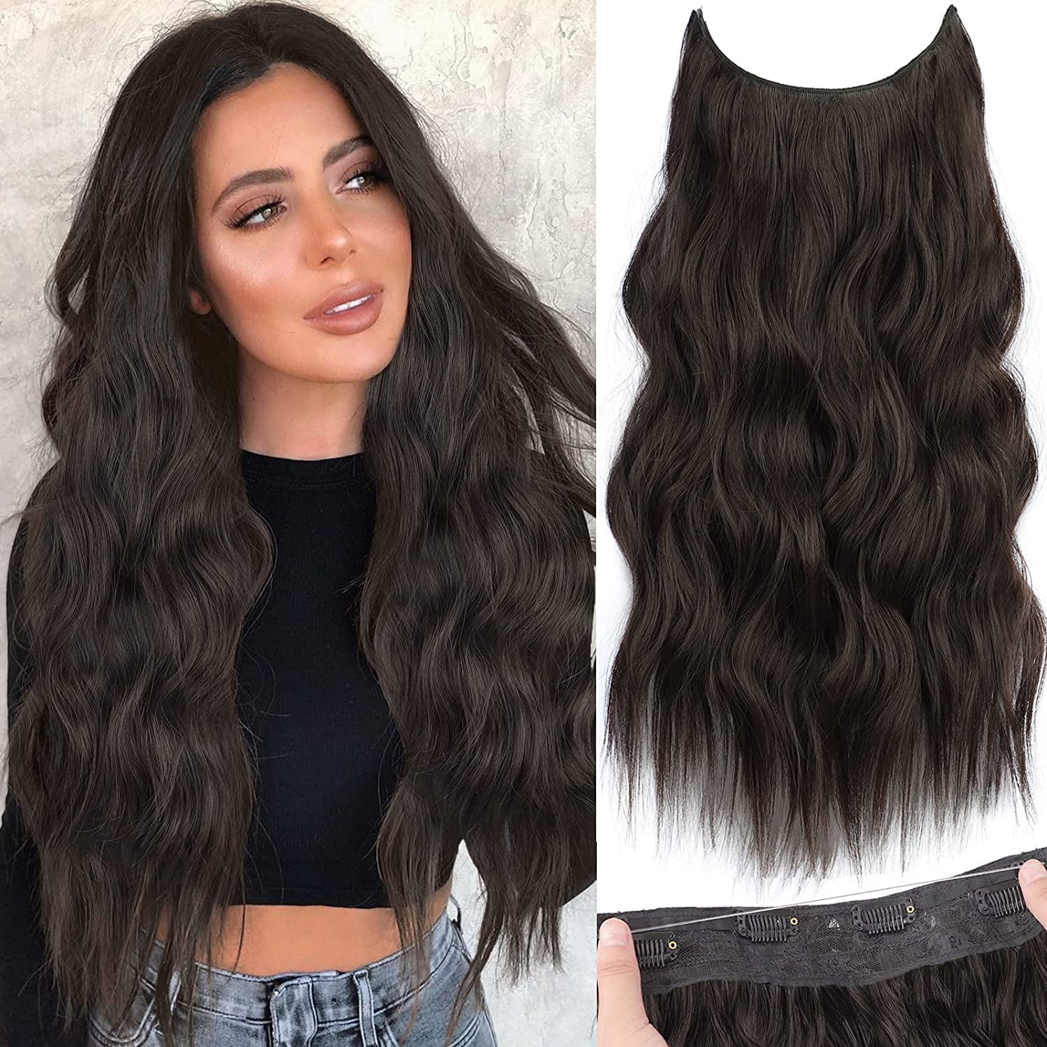 Invisible Wire Hair Extensions with Transparent Wire Adjustable Size 4 Secure Clips Long Wavy Secret Hairpiece 20 Inch Dark Brown for Women
