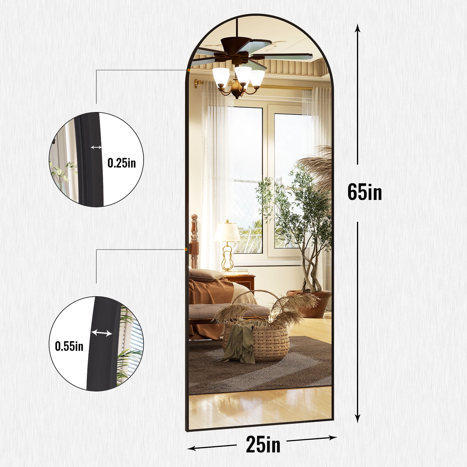 AUROMIR 24"x65" Arched Full Length Mirror Full Body Free Standing Floor Mirror, Black