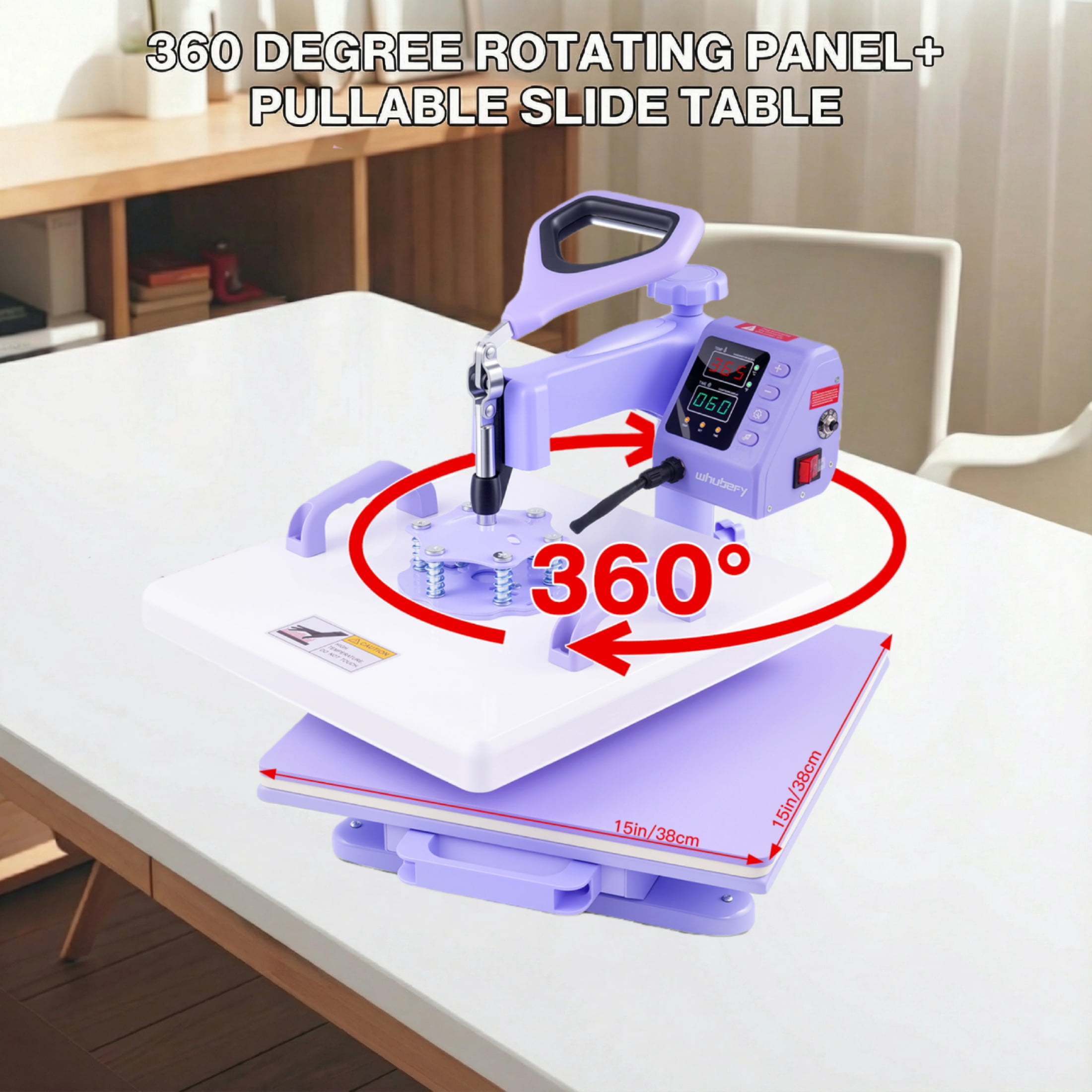 Adnoom Heat Press 15x15, 5 in 1 Multifunctional Shirt Press Machine Combo, 360° Swing Away Heat Transfer Sublimation with LED Display for T-shirts Mugs Hat Plate Cap, Purple
