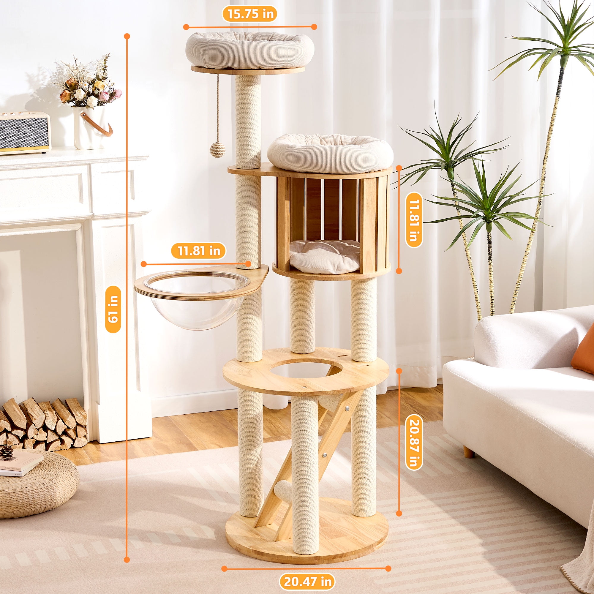 HITTITE Solid Wood Cat Tree Tower with Scratching Post, 61 Inches Tall Cat Towers with Capsule and Condo, Modern Cat Tower with Climbing Ladder and Removable Top Bed for Indoor Cats.