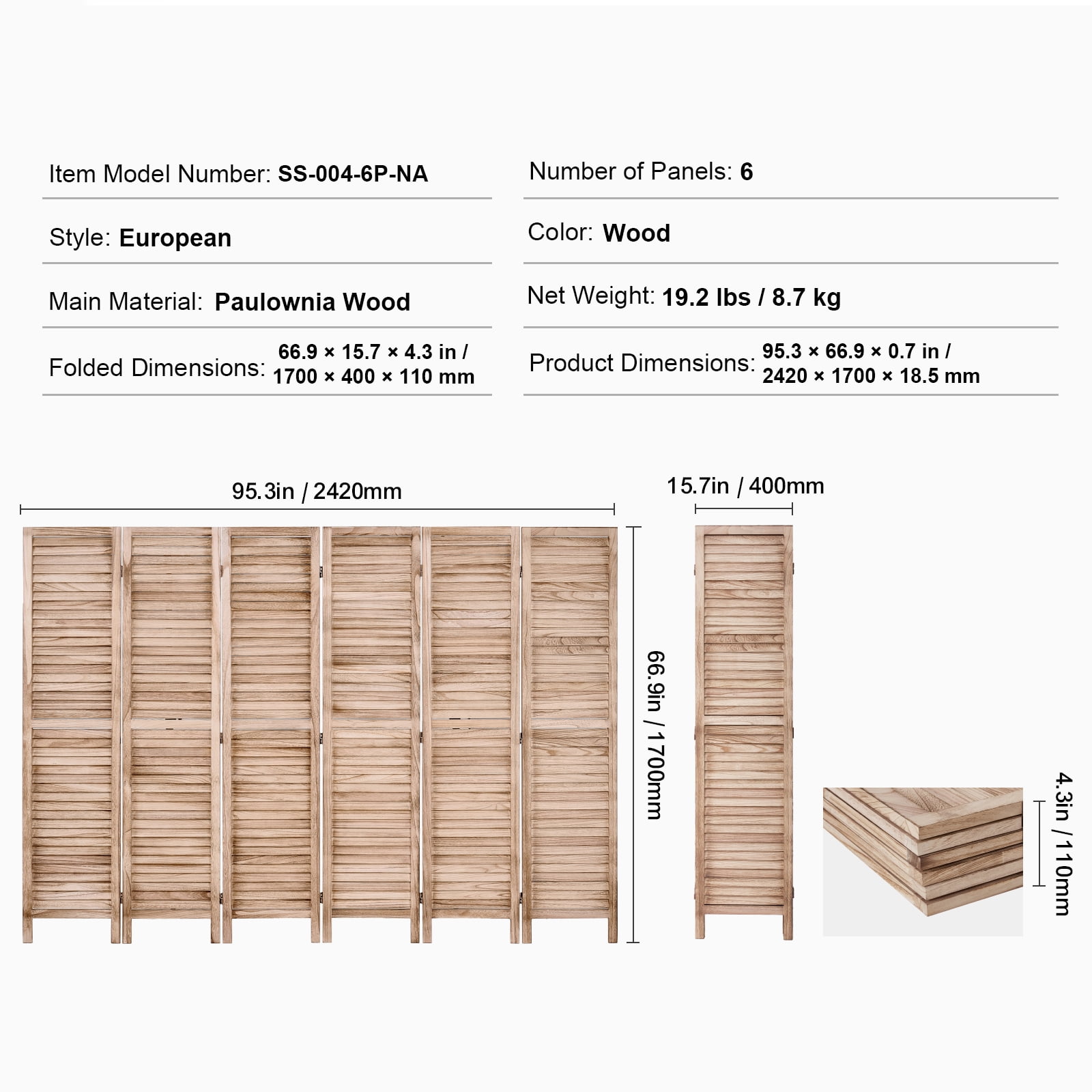 KFFKFF Wooden Partition, 6-Panel Folding Privacy Barrier, 66.9 Inches High Indoor Slatted Separation Screen, Movable Decorative Panel, Suitable for Space Division in Homes, Offices, Restaurants