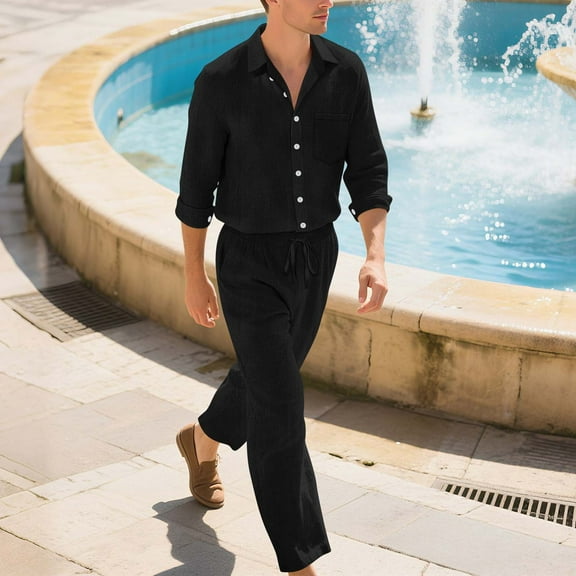 Men's 2 Piece Linen Suit Breathable Button Down Long Shirt Beach Linen Pants Men Relaxed Fit Casual Outfits for Summer Travel​​