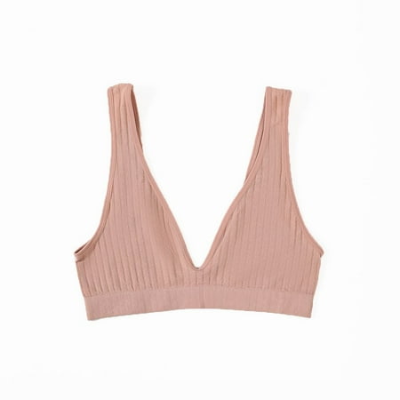 

Cotton Threaded Breathable Yoga Tops Wire Free Sleeping Bralette Deep V Seamless Bra Vest PINK L