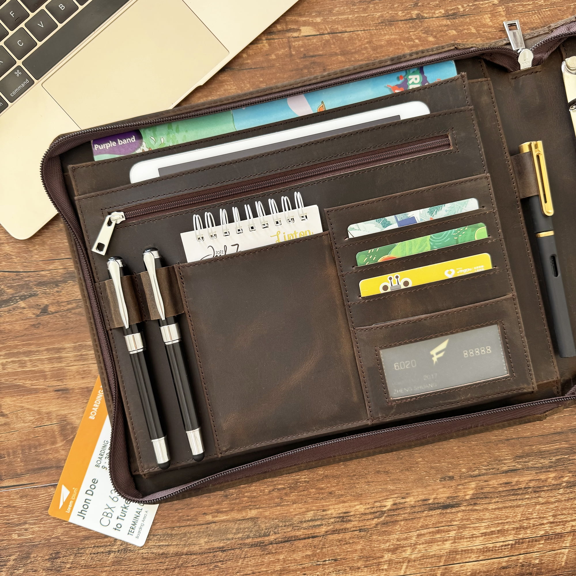 Business 3 Ring Check Binder, Genuine Leather Check Book Portfolio for 3 Holes or 9 Holes Checks, Check Book Binder for 11 1/4"x9", Crazy Horse Leather (Dark Khaki)