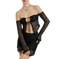 thumbnail image 2 of Yunliwuli Women Spring 2 Pieces Outfits Geometry Pattern Boat Neck Off Shoulder Tie-Up Crop Tops Elastic Waist Mini Skirts Set, 2 of 10