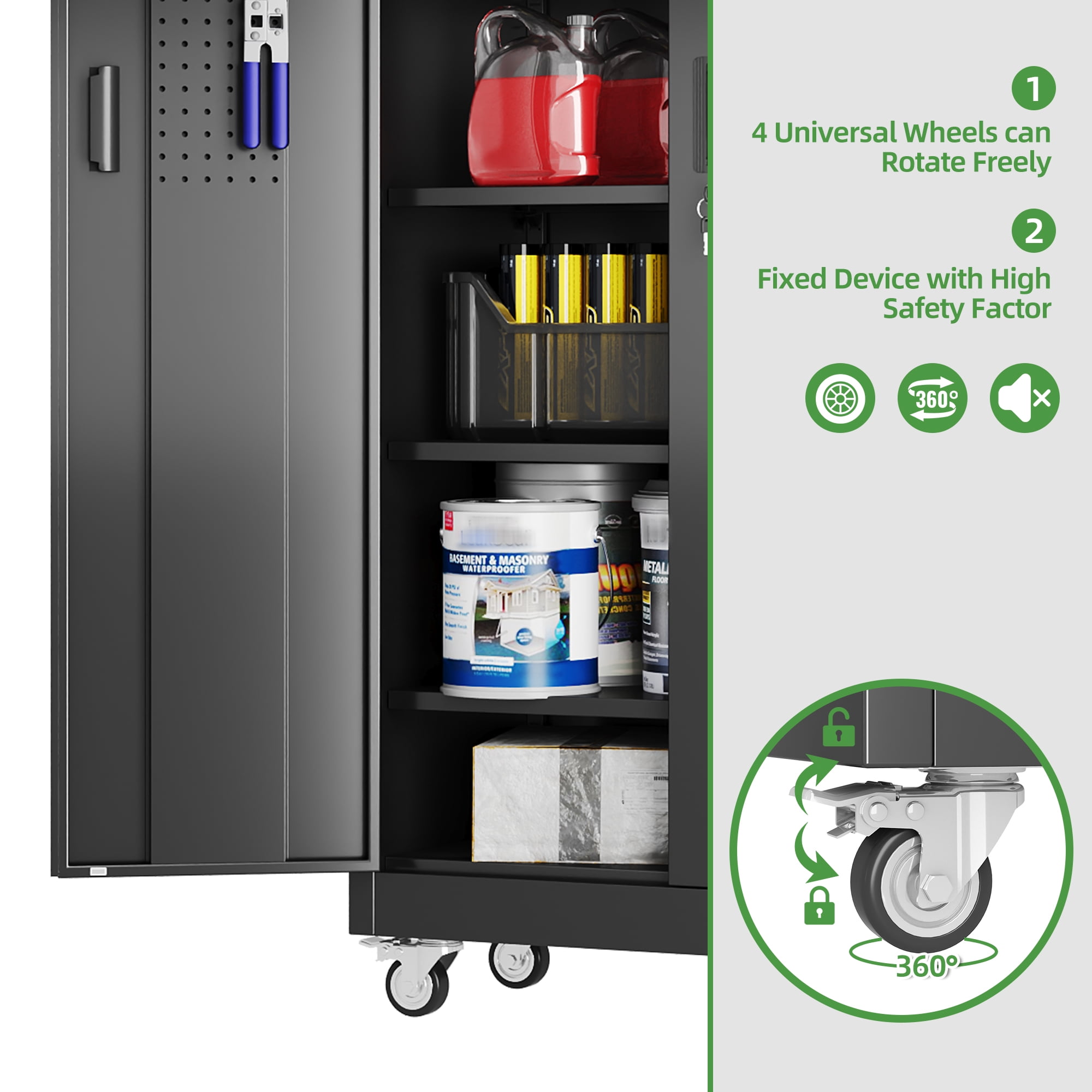 SUPEER Metal Rolling Storage Cabinets with Locking Doors and 5 Adjustable Shelves, Steel Garage Storage Cabinet for Garage, Office, Classroom, Assemble Required(Black)