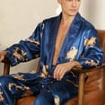 thumbnail image 5 of uublik Mens Pajamas Set Satin Robe with Pants Set Bathrobe Lightweight Soft Sleepwear Loungewear, Blue, 5 of 5