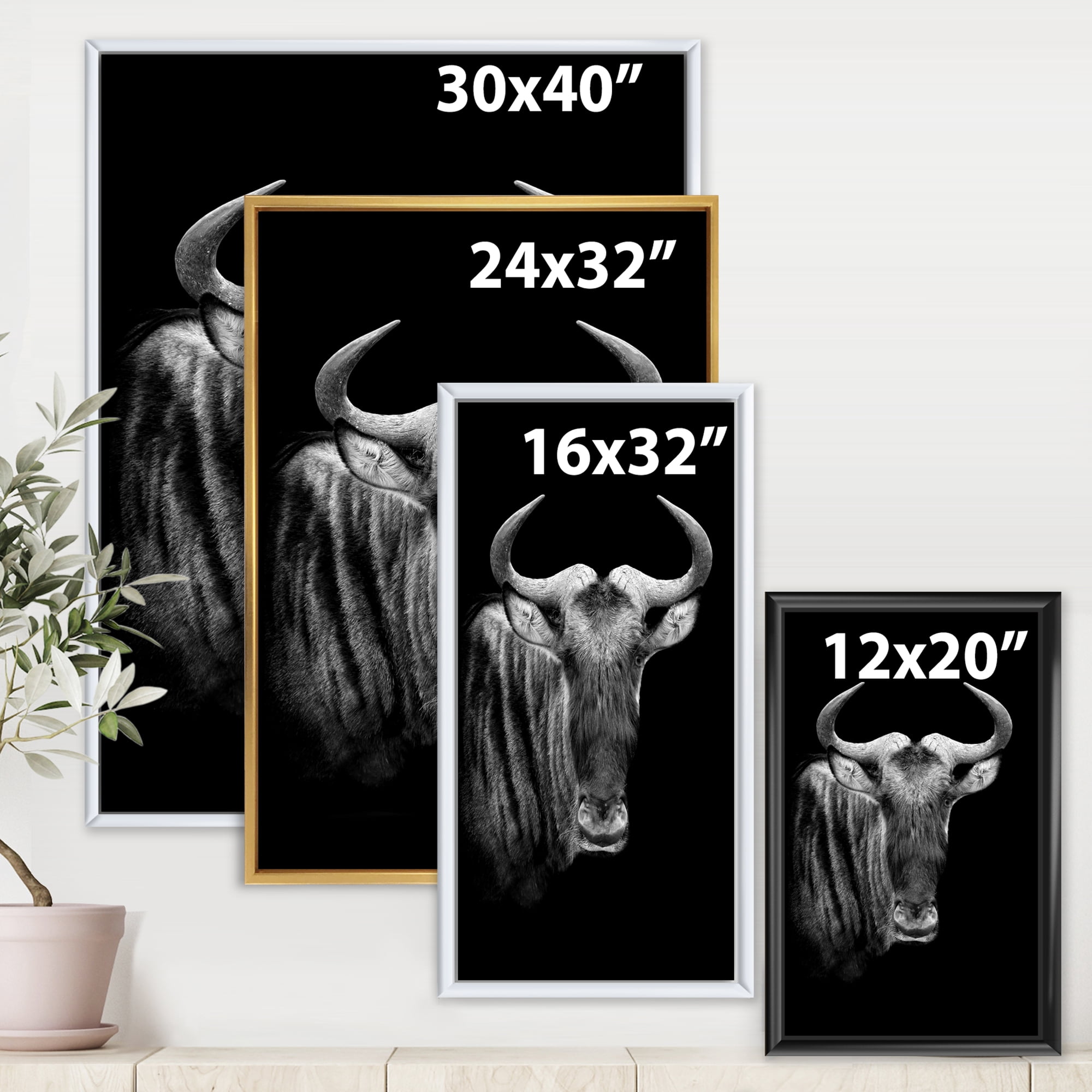 Designart 'Black and White Portrait Of Wildebeest' Farmhouse Framed Canvas Wall Art Print