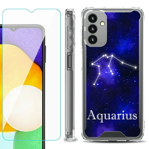 Shockproof Bumper Phone Case for Samsung Galaxy A13 5G, with Tempered Glass Screen Protector, by OneToughShield ® - Zodiac / Aquarius