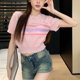 thumbnail image 4 of Camisetas de punto para mujer, ropa de calle con paneles, combinables, dulces, para estudiantes, camisetas de manga corta, temperamento, ocio, verano, moda chic, 4 of 6