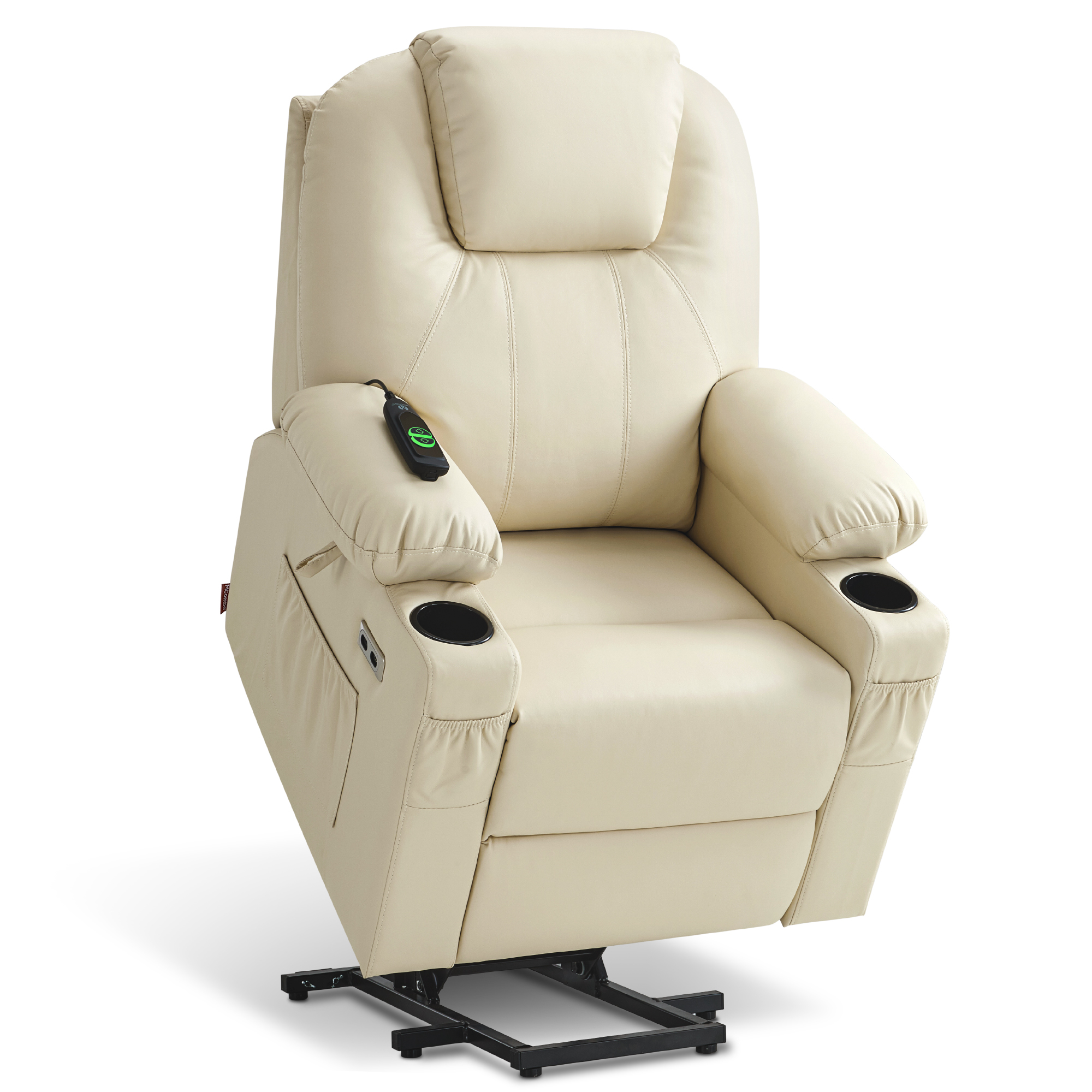 MCombo Electric Power Lift Recliner Chair Sofa with Massage and Heat for Elderly, 3 Positions, 2 Side Pockets, and Cup Holders, USB Ports, Faux Leather 7141 Cream White, Small