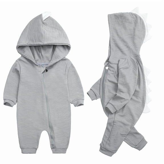 Newborn Baby Boy Girl Onesie Cute Dinosaur Long-Sleeved Zipper Hooded Jumpsuit for 3M-12M