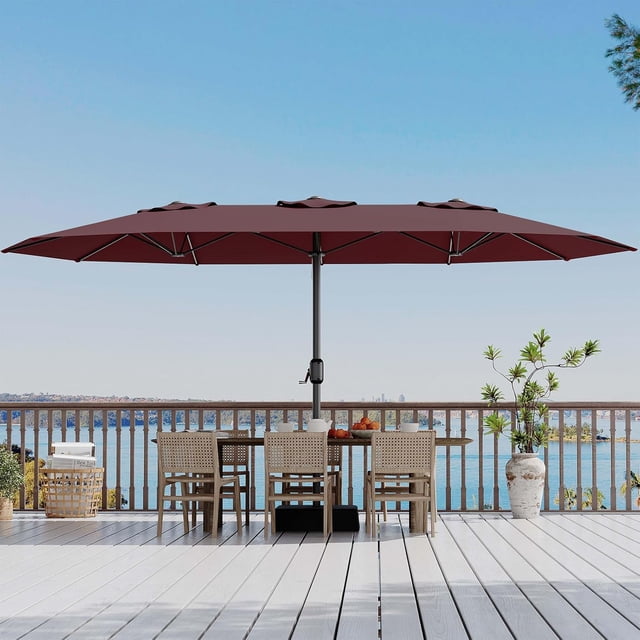 15ft Large Patio Umbrella with Base & Solar Lights-Rectangular Patio Umbrella with Crank Handle, UV Protection for Outdoor Market