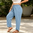 thumbnail image 3 of Favoffer Women's Plus Size Linen Pants Solid Color Drawstring Elastic Waist Pocket Side Slit Loose Long Trousers Breathable Summer Bottom for Outdoor, 3 of 7
