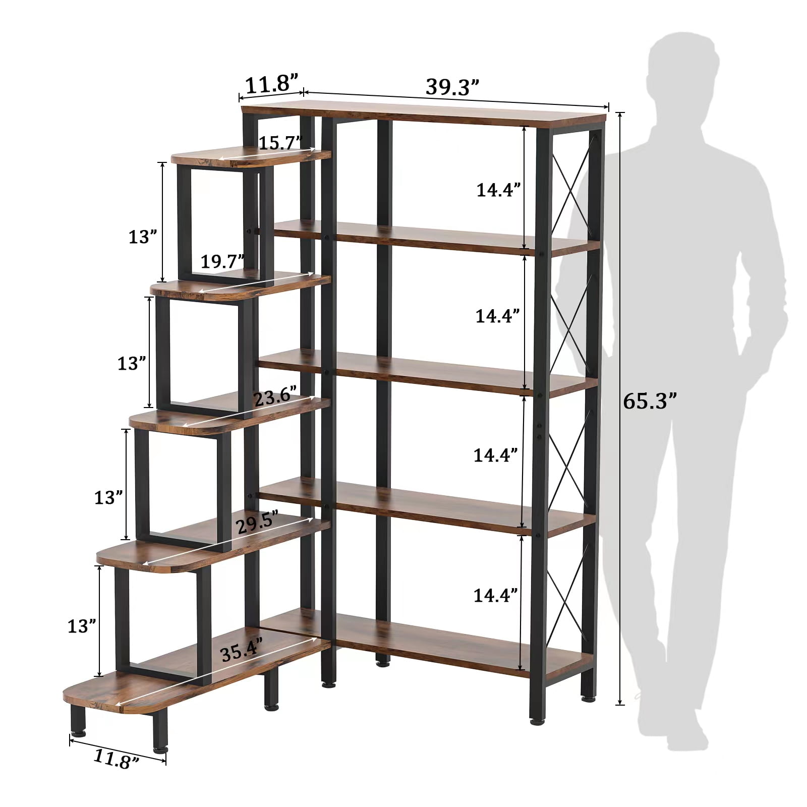 Corner Bookshelf Bookcase, Large Reversible 5 Tier Ladder Shelves Storage Display Rack with Metal Frame, Modern Home Office Furniture for Living Room Bedroom