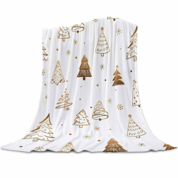 Abstract Christmas Tree Flannel Blanket for Bed,Travel and Camping, Winter Snowflake Gold Line Trees Super Soft Cozy Blanket for All Seasons 60"x80"