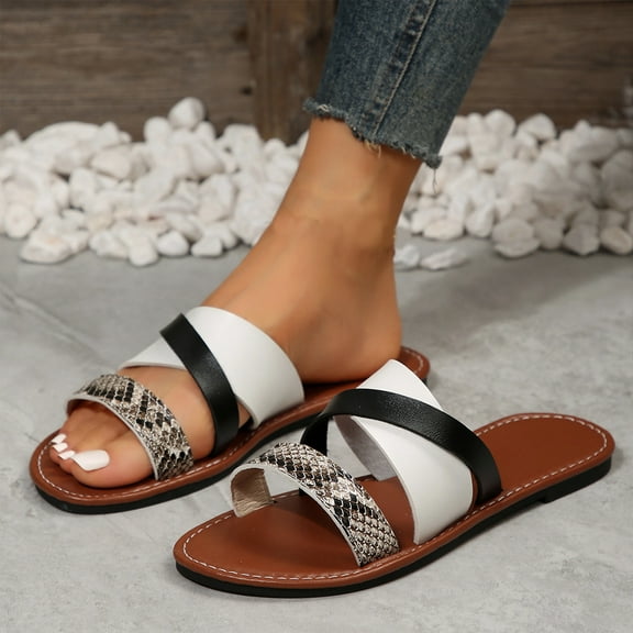 HaoXianJian Womens Slip On Leopard Flat Sandals Soft Open Toe Slide for Summer Dressy Toe Low Heels Chunky Slides One StepsFlat Bottom Shoes Crisscross Strappy SandalsMother's Day Gift