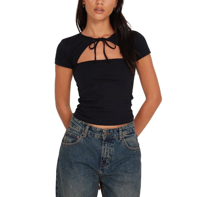 Gupgi Femmes Slim T-Shirts Col Rond Manches Courtes Tie-up Évidés T-Shirts Été Hauts