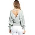 thumbnail image 2 of Love Tree Women's Juniors Ribbed Long Sleeve Surplice Knot Top (Sage, M), 2 of 4