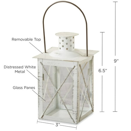 Kate Aspen Medium Decorative Lanterns - Set of 24 - Luminous Distressed White Metal Lantern Candle Holders Centerpieces for Wedding, Home Decor and Party - 6.3" H (8.9" H with Handle)