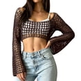 thumbnail image 2 of Womens Fishnet Crochet Crop Top Long Sleeve See Through Hollow Out Mesh Bikini Cover Ups Brown S, 2 of 6