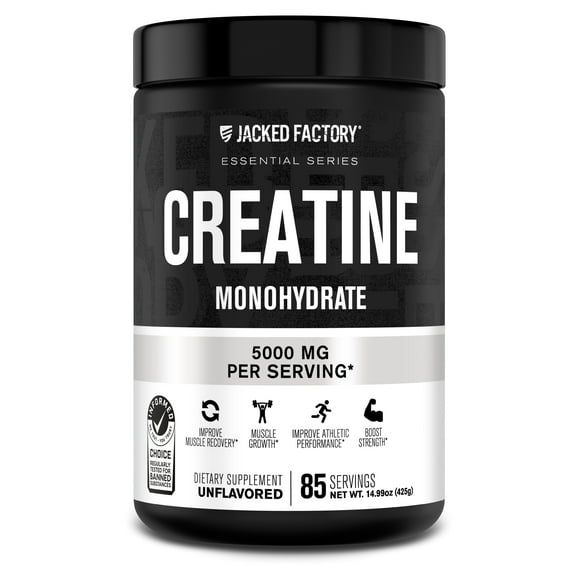 Jacked Factory Creatine Monohydrate Powder 425g - Canadian-Owned Informed Choice Certified Supplement for Increased Muscle Mass*, Improved Strength, Power, & Performance** - 85 Servings, Unflavored