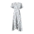 thumbnail image 4 of WTOBBY Women's V-Neck Waisted Floral Print Short Sleeve Dress with Ruffle Accent, Feminine and Comfortable for Spring Summer Fashion,Light Blue S, 4 of 5