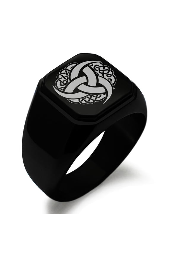 Stainless Steel Triskelion Odin's Horn Knot Viking Engraved Square Flat Top Biker Style Polished Signet Ring