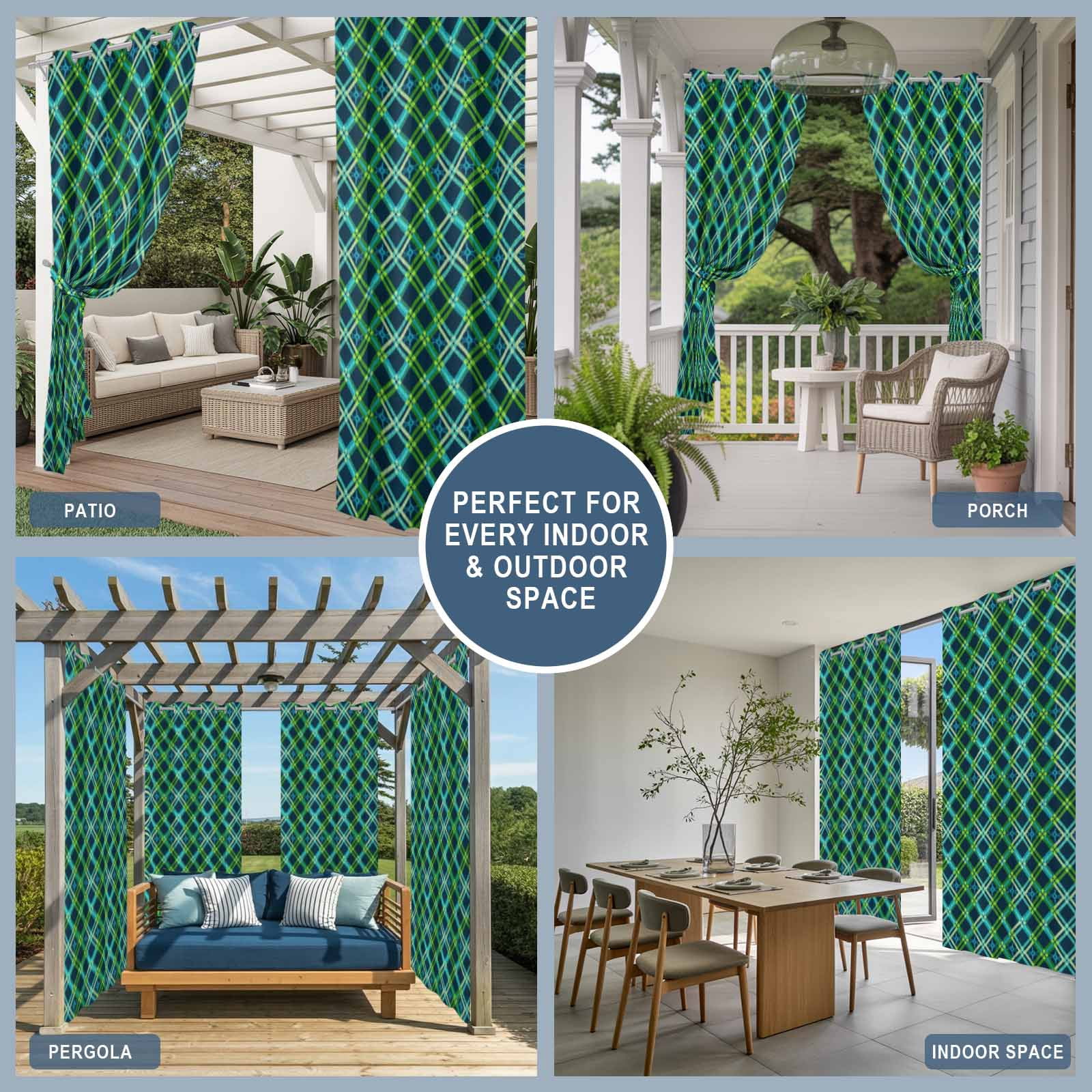 Outdoor Curtains for Patio Waterproof, Vintage Green Windproof Pravicy Outside Porch Blackout Curtain, Geometric Tartan Plaid Ethnic Farmhouse Sun Blocking Grommets Curtains for Cabana 54"x108"