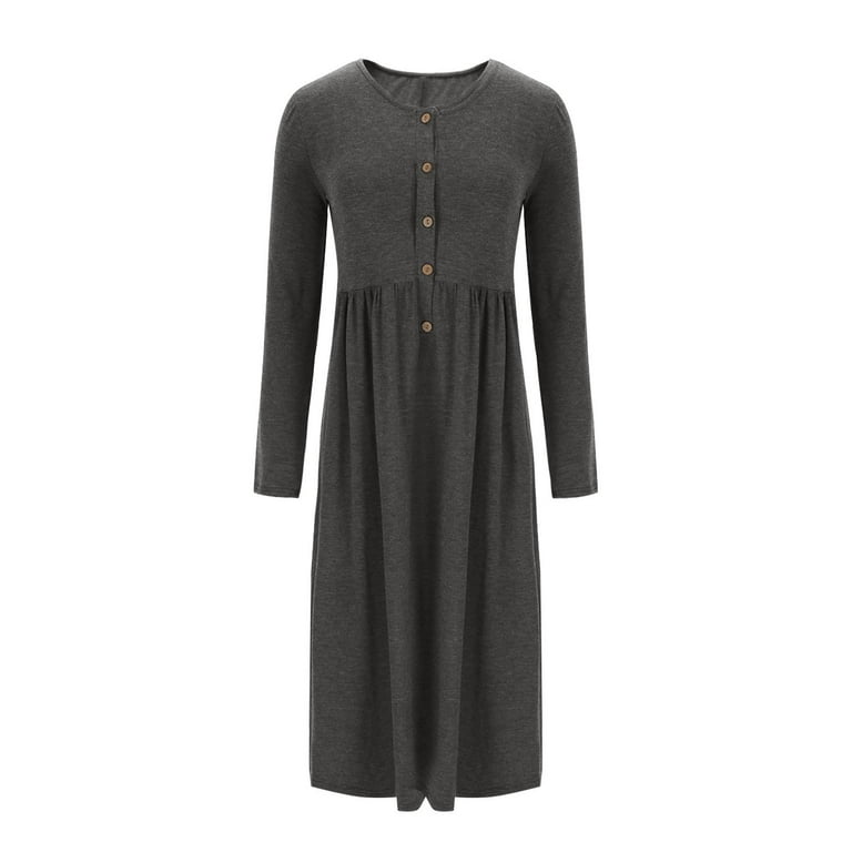 SMihono Women's Boho Solid Long Sleeve Maxi Dress Button Up Casual Loose  Henley Neck Spring Vacation Dresses with Pockets Gray 6