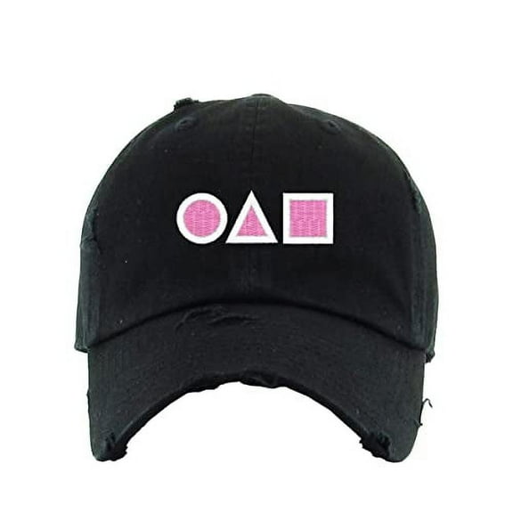 OJM Korean Letters Vintage Baseball Cap Embroidered Cotton Adjustable Distressed Dad Hat Black