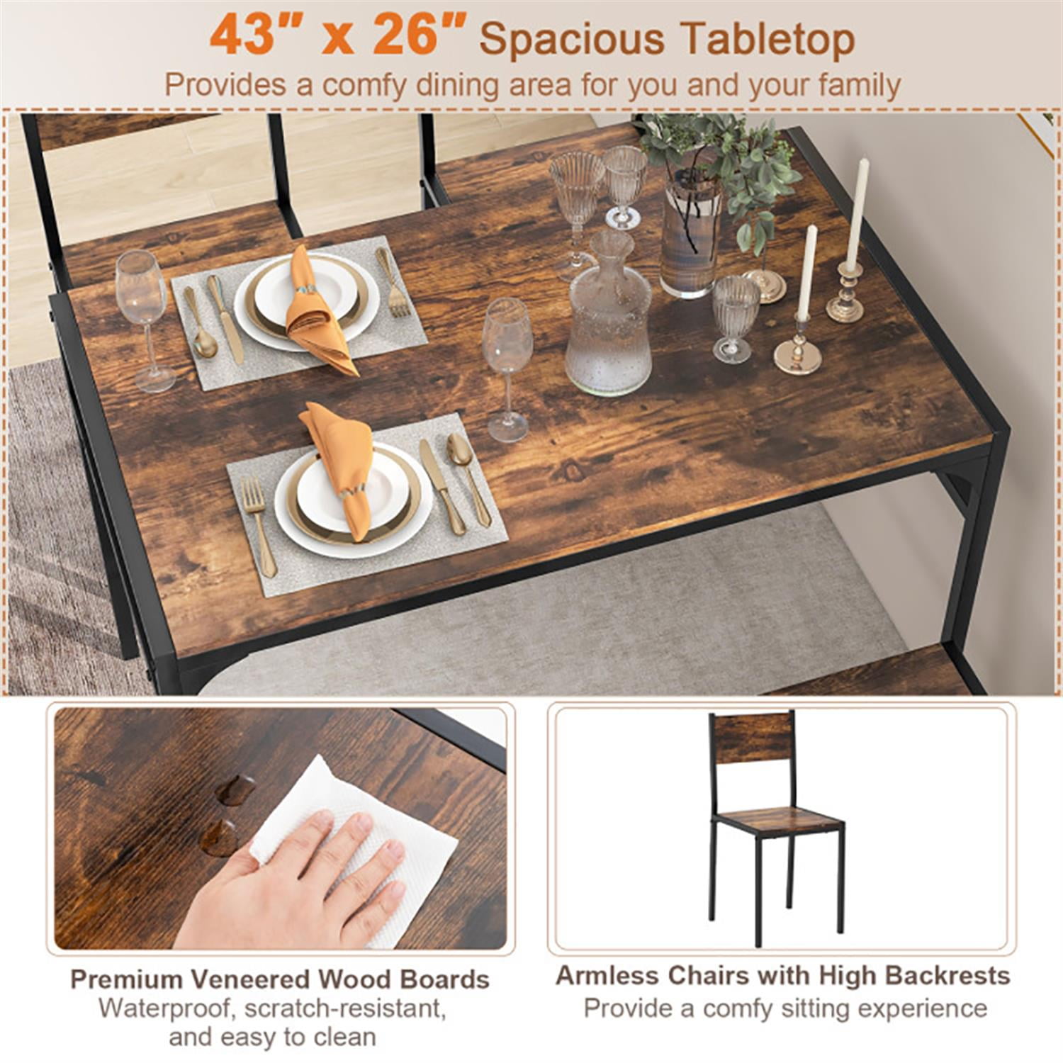 Demi Bonn 4-Piece Dining Table Set with Bench and 2 Chairs, 43"dustrial Kitchen Table with Metal Frame and Storage Rack, Perfect for Small Space, Brown