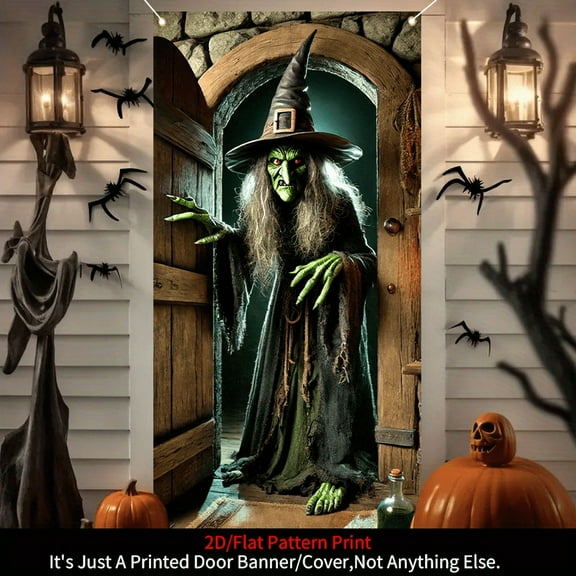 1 piece, 2D flat banner, Halloween witch door cover decoration banner, terrifying witch pattern banner background, Halloween party supplies, home decoration, suitable for indoor and outdoor party dec
