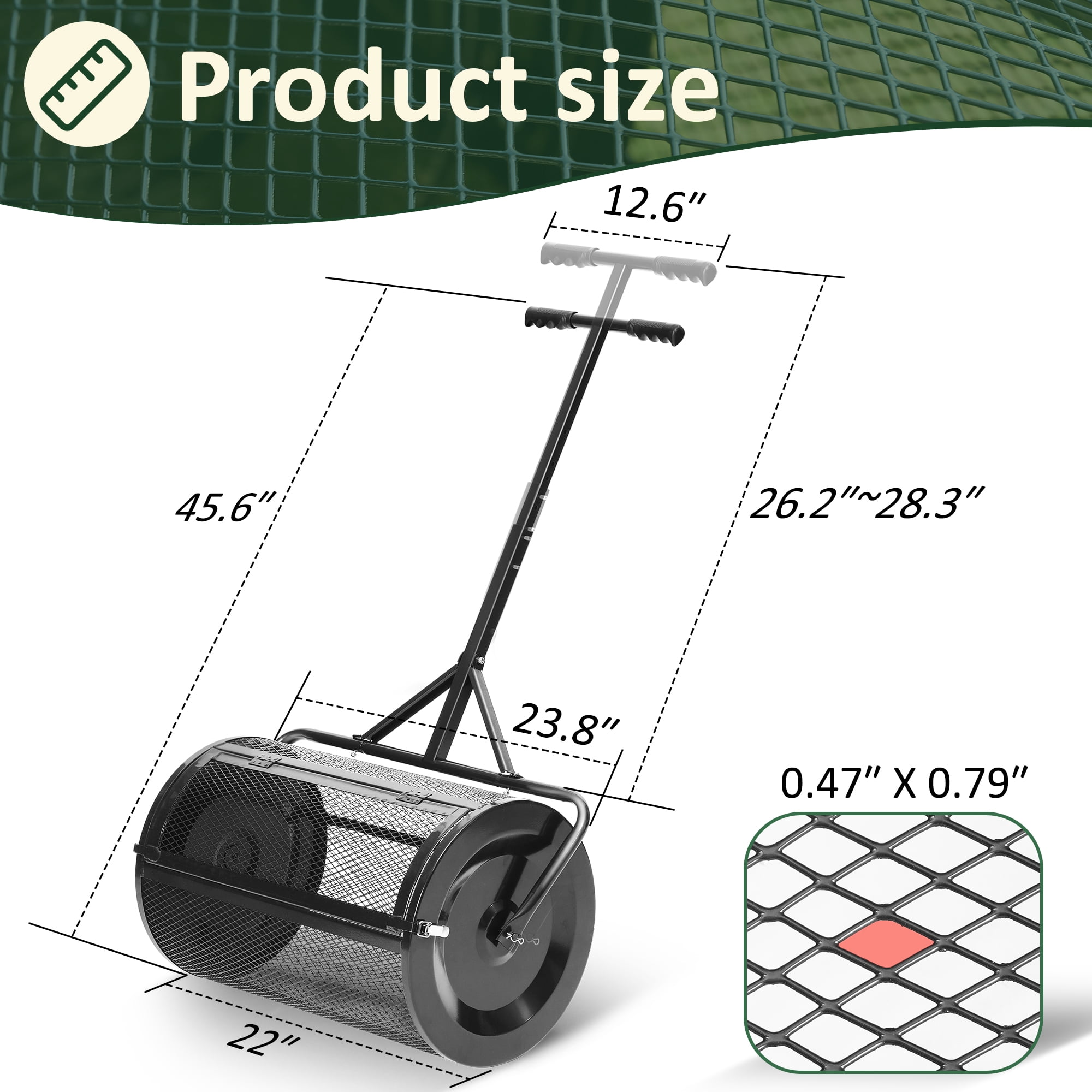 MUCHANT 24" Compost Spreader, Heavy-Duty Metal Mesh Spreader with Adjustable Handle for Lawn, Black