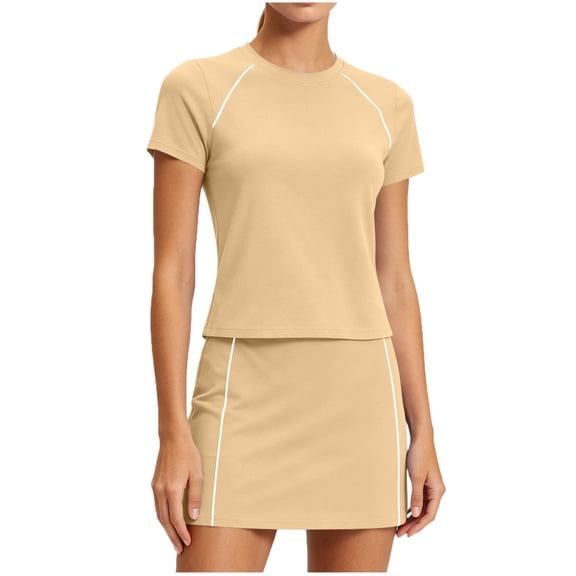 Ohufall 2PC Womens Short Skirt Sets Sport Short Sleeve Crew Neck Solid Color Elastic Waist Top with Short Skirt Sets