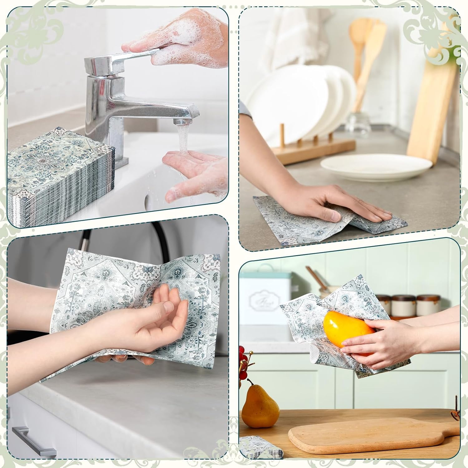 100 Pcs Vintage Boho Napkins Paper Guest Towels 2 Ply Decoupage Napkins Disposable Decorative Hand Towel for Bathroom Kitchen Wedding Party Dinner(Blue and Grey)