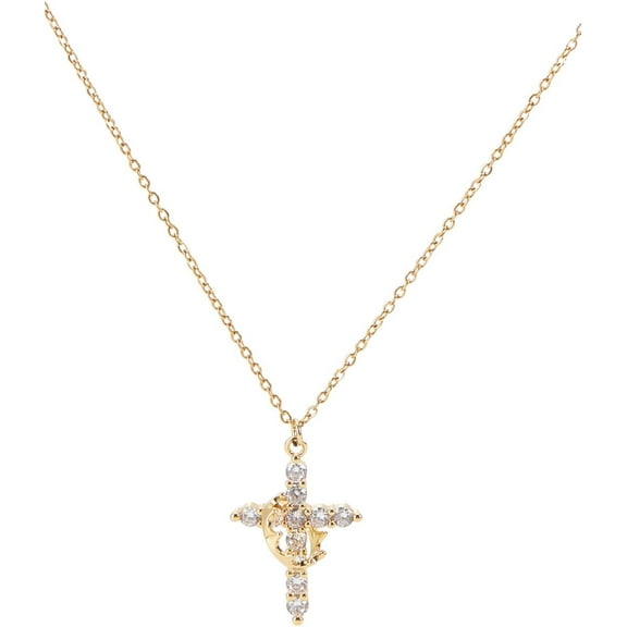 1pc Brass Crystal Rhinestone Rotatable Crown Cross Pendant Cable Chain Necklaces for Women Real 18K golden Plated 15.83 inch(40.2cm)
