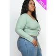 thumbnail image 3 of Saronite Basic Ribbed Knit Long Sleeve Front Button Up Crop Top, Green Bay (Women's Plus), 3 of 5