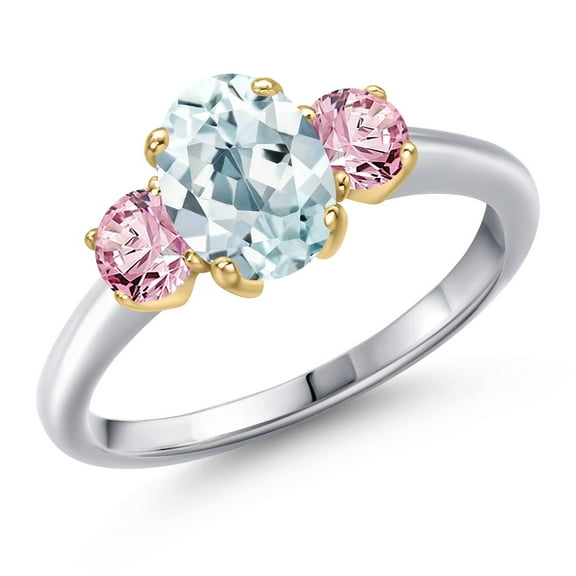 Gem Stone King 925 Silver and 10K Yellow Gold Sky Blue Aquamarine and Pink Lab Grown Diamond Engagement Ring for Women | 1.70 Cttw | Oval 8X6MM | Gemstone March Birthstone | Size 7