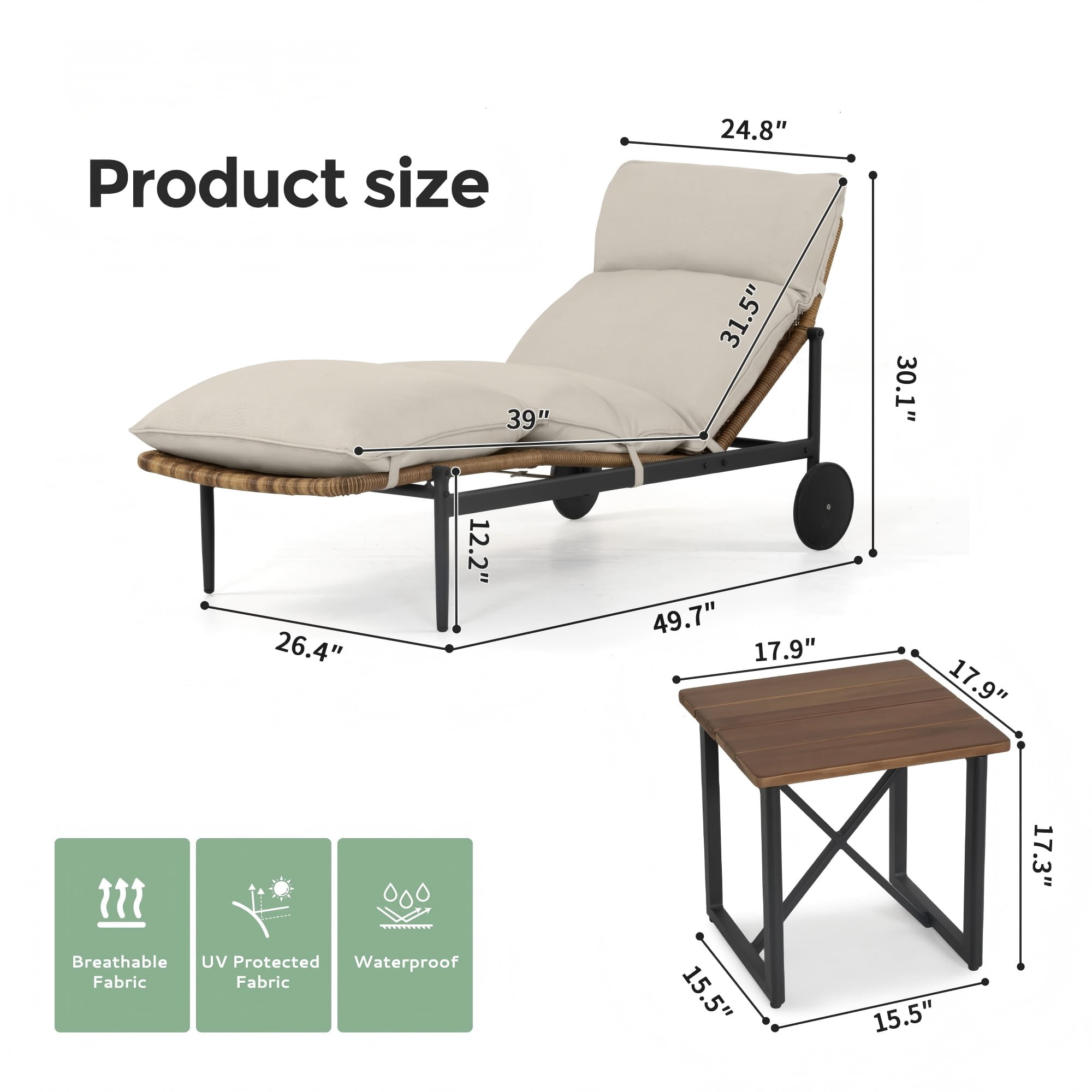 2PCS Patio Chaise Lounge Chair Set of 1 Outdoor Wicker Lounge Chairs with Cushion Wheels and Wood Table Poolside Backyard Deck Porch, Beige