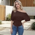 thumbnail image 2 of Rggeeun Women Shirts Cropped One Shoulder Solid Color Short Sleeve Elastic Waist Draping for Summer Beach Wear Trendy Tshirts,Brown,M, 2 of 7