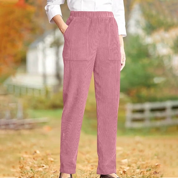 Hurxie Corduroy Pants for Women Elastic High Waist Pull On Straight Leg Slacks Casual Trousers with Pocket Pink,3XL