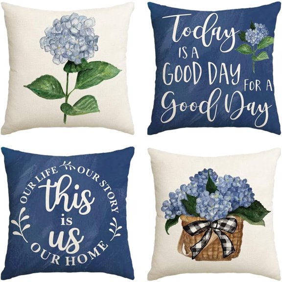 Blue Hydrangea Spring Summer Throw Pillow Covers, 20 x 20 Inch Today is A Good Day Dark Blue Cushion Case Decoration for Sofa Couch Set of 4
